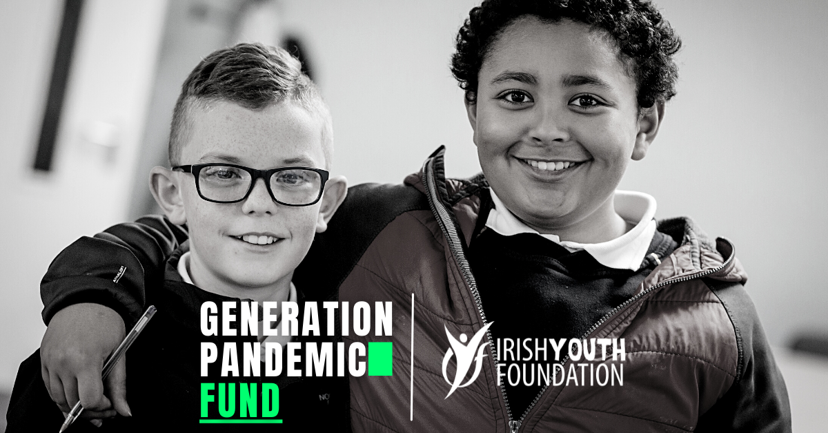 Two Boys Standing together. Text overlay is Generation Pandemic Fund with Irish Youth Foundation Logo